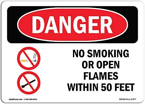 סימן סכנה של OSHA - אין עישון או להבות פתוחות בטווח של 50 מטר | סימן אלומיניום | הגן על העסק שלך, אתר הבנייה, אזור החנות